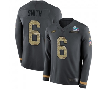 Mens Womens Youth Kids Philadelphia Eagles #6 DeVonta Smith Anthracite Super Bowl LVII Patch Salute To Service Limited Therma Long Sleeve Jersey