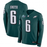 Mens Womens Youth Kids Philadelphia Eagles #6 DeVonta Smith Green Team Color Super Bowl LVII Patch Stitched Limited Therma Long Sleeve Jersey