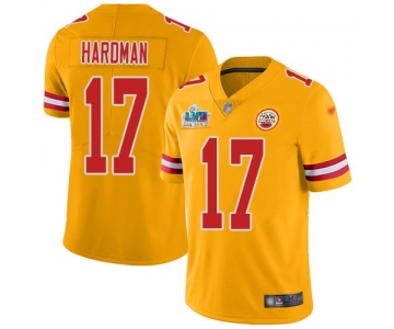 Mens Womens Youth Kids Kansas City Chiefs #17 Mecole Hardman Gold Super Bowl LVII Patch Limited Inverted Legend Jersey