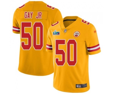 Mens Womens Youth Kids Kansas City Chiefs #50 Willie Gay Jr. Gold Super Bowl LVII Patch Limited Inverted Legend Jersey