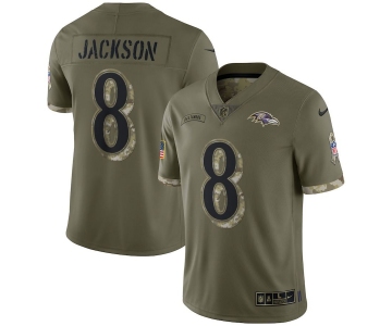Mens Womens Youth Kids Baltimore Ravens #8 Lamar Jackson Nike 2022 Salute To Service Limited Jersey - Olive