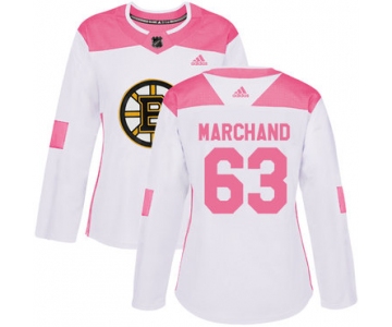 Adidas Boston Bruins #63 Brad Marchand White Pink Authentic Fashion Women's Stitched NHL Jersey