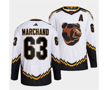 Men's Boston Bruins #63 Brad Marchand 2022 White Reverse Retro Stitched Jersey