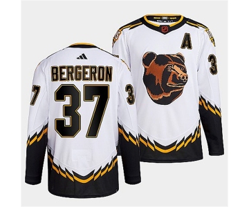 Men's Boston Bruins #37 Patrice Bergeron 2022 White Reverse Retro Stitched Jersey