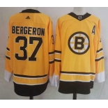 Men's Boston Bruins #37 Patrice Bergeron Yellow Adidas 2020-21 Stitched NHL Jersey