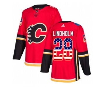 Men's Adidas Calgary Flames #28 Elias Lindholm Red Home Authentic USA Flag Stitched NHL Jersey