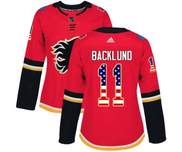 Adidas Calgary Flames #11 Mikael Backlund Red Home Authentic USA Flag Women's Stitched NHL Jersey