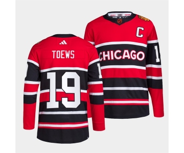 Men's Chicago Blackhawks #19 Jonathan Toews Red Black 2022 Reverse Retro Stitched Jersey