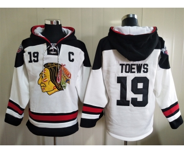 Men's Chicago Blackhawks #19 Jonathan Toews White Ageless Must Have Lace Up Pullover Hoodie