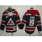 Avalanche #19 Joe Sakic Navy Blue Sawyer Hooded Sweatshirt Stitched NHL Jersey