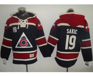 Avalanche #19 Joe Sakic Navy Blue Sawyer Hooded Sweatshirt Stitched NHL Jersey