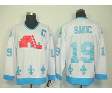 Quebec Nordiques #19 Joe Sakic White With Light Blue Throwback CCM Jersey