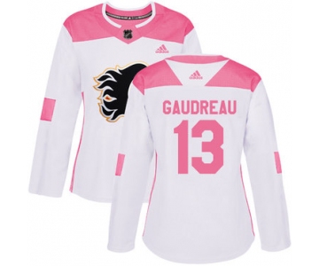 Adidas Calgary Flames #13 Johnny Gaudreau White Pink Authentic Fashion Women's Stitched NHL Jersey