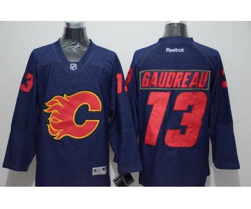 Men's Calgary Flames #13 Johnny Gaudreau Navy Blue Denim Fabric Fashion Jersey