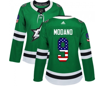 Adidas Dallas Stars #9 Mike Modano Green Home Authentic USA Flag Women's Stitched NHL Jersey