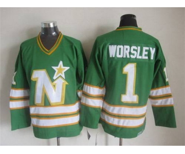 Men's Minnesota North Stars #1 Gump Worsley 1977-78 Green CCM Vintage Throwback Jersey