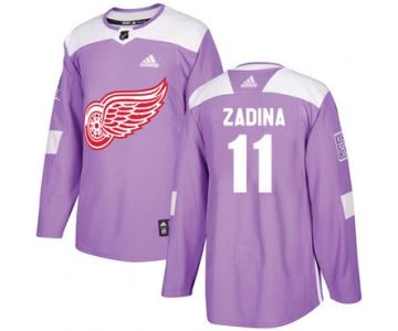 Men's Detroit Red Wings #11 Filip Zadina Authentic Adidas Purple Cancer Practice Jersey