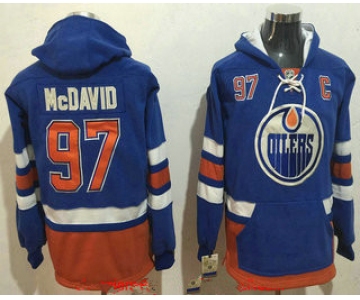 Men's Edmonton Oilers #97 Connor McDavid NEW Royal Blue Stitched NHL Old Tim Hockey Hoodie