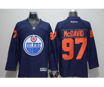 Men's Edmonton Oilers #97 Connor McDavid Navy Blue Denim Fabric Fashion Jersey
