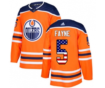 Adidas Oilers #5 Mark Fayne Orange Home Authentic USA Flag Stitched NHL Jersey