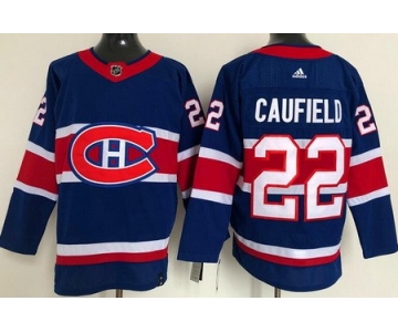 Men's Montreal Canadiens #22 Cole Caufield Blue 2021 Reverse Retro Stitched NHL Jersey