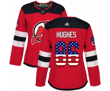 Devils #86 Jack Hughes Red Home Authentic USA Flag Women's Stitched Hockey Jersey