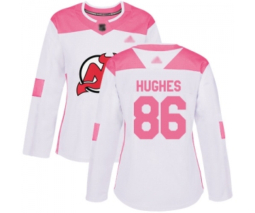 Devils #86 Jack Hughes White Pink Authentic Fashion Women's Stitched Hockey Jersey