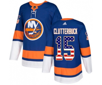 Adidas Islanders #15 Cal Clutterbuck Royal Blue Home Authentic USA Flag Stitched NHL Jersey