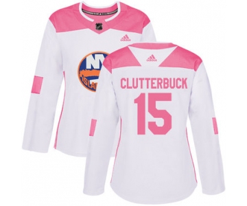 Adidas New York Islanders #15 Cal Clutterbuck White Pink Authentic Fashion Women's Stitched NHL Jersey