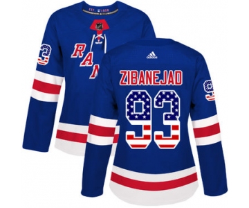 Adidas New York Rangers #93 Mika Zibanejad Royal Blue Home Authentic USA Flag Women's Stitched NHL Jersey