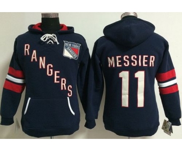 New York Rangers #11 Mark Messier Navy Blue Women's Old Time Heidi NHL Hoodie