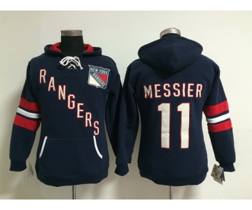 Old Time Hockey New York Rangers #11 Mark Messier Navy Blue Womens Hoodie