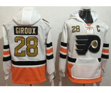 Men's Philadelphia Flyers #28 Claude Giroux White with Gold 50th Patch Stitched NHL Old Tim Hockey Hoodie