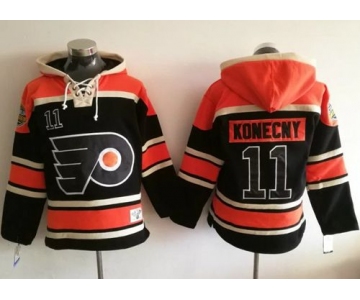 Flyers #11 Travis Konecny Black Sawyer Hooded Sweatshirt Stitched NHL Jersey
