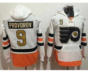 Men's Philadelphia Flyers #9 Ivan Provorov White with Gold 50th Patch Stitched NHL Old Tim Hockey Hoodie