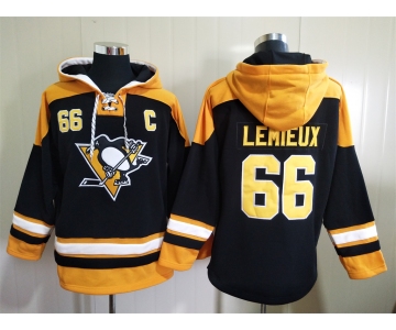 Men's Pittsburgh Penguins #66 Mario Lemieux Black Ageless Must Have Lace Up Pullover Hoodie