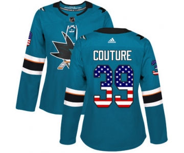 Adidas San Jose Sharks #39 Logan Couture Teal Home Authentic USA Flag Women's Stitched NHL Jersey