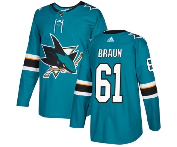 Adidas Sharks #61 Justin Braun Teal Home Authentic Stitched NHL Jersey