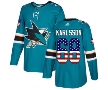 Adidas Sharks #68 Melker Karlsson Teal Home Authentic USA Flag Stitched NHL Jersey