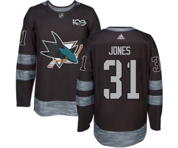 Men's San Jose Sharks #31 Martin Jones Black 100th Anniversary Stitched NHL 2017 adidas Hockey Jersey