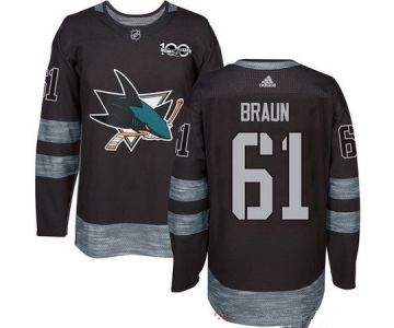 Men's San Jose Sharks #61 Justin Braun Black 100th Anniversary Stitched NHL 2017 adidas Hockey Jersey