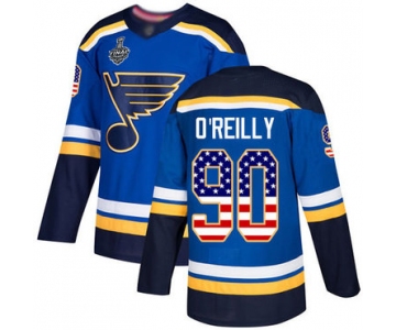 Men's St. Louis Blues #90 Ryan O'Reilly Blue Home Authentic USA Flag 2019 Stanley Cup Final Bound Stitched Hockey Jersey