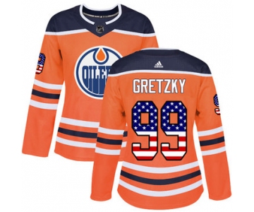 Adidas Edmonton Oilers #99 Wayne Gretzky Orange Home Authentic USA Flag Women's Stitched NHL Jersey