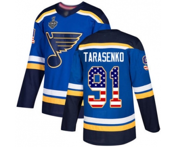 Men's St. Louis Blues #91 Vladimir Tarasenko Blue Home Authentic USA Flag 2019 Stanley Cup Final Bound Stitched Hockey Jersey