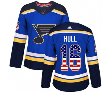 Adidas St.Louis Blues #16 Brett Hull Blue Home Authentic USA Flag Women's Stitched NHL Jersey