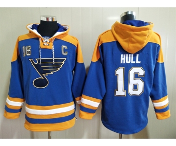 Men's St Louis Blues #16 Brett Hull Blue Ageless Must Have Lace Up Pullover Hoodie