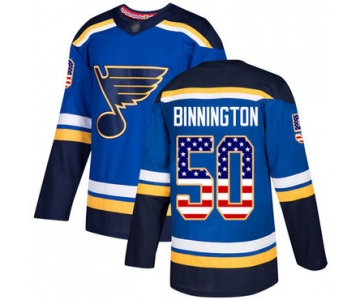 Blues #50 Jordan Binnington Blue Home Authentic USA Flag Stitched Hockey Jersey