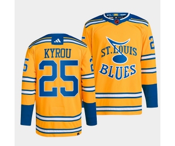 Men's St. Louis Blues #25 Jordan Kyrou Yellow 2022-23 Reverse Retro Stitched Jersey