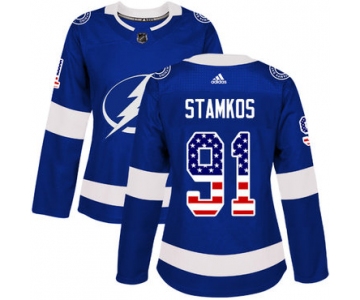 Adidas Tampa Bay Lightning #91 Steven Stamkos Blue Home Authentic USA Flag Women's Stitched NHL Jersey