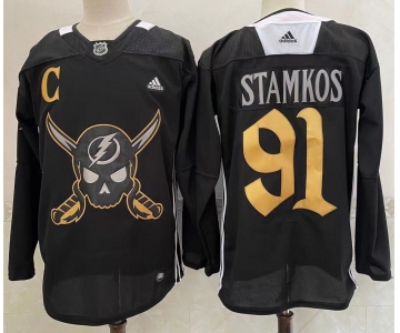 Men's Tampa Bay Lightning #91 Steven Stamkos Black Pirate Themed Warmup Authentic Jersey